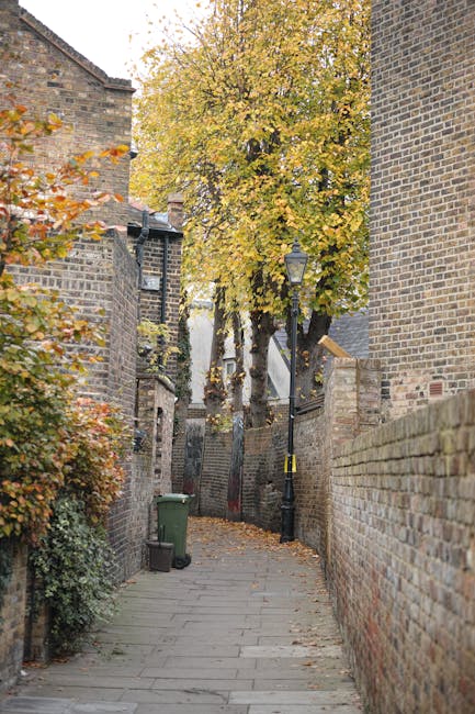 A narrow residential street paved with stone slabs, flanked by brick walls and close-set terraced houses. A large deciduous tree with yellow autumn leaves extends its branches over the alley, partially covering a black lamppost near the middle of the image. On the left side, a green wheelie bin is positioned against the brick wall, while the right brick wall appears weathered and extends into the distance. The street scene is captured in natural daylight, illustrating an urban environment suitable for house removals or home relocation activities, with no visible furniture or moving equipment present in the image.